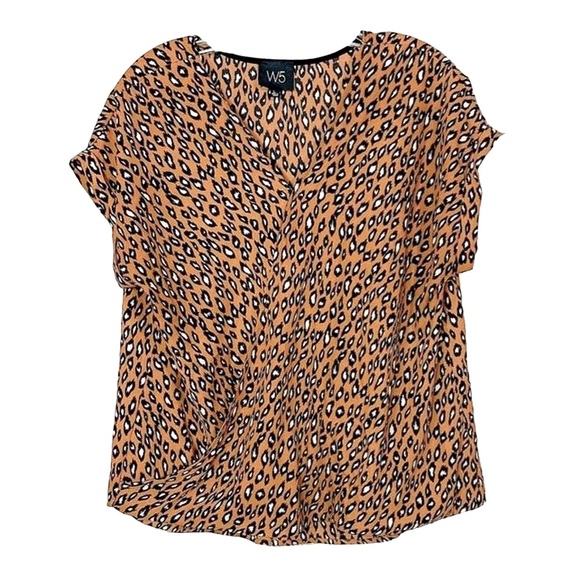 W5 Womens Abstract V Neck Short Surplice Top Blouse Black Brown Size Large - Picture 2 of 5